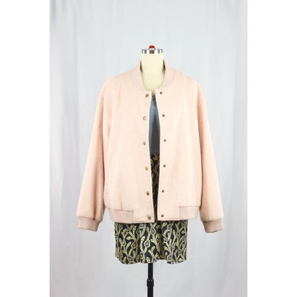 GANNI Inglewood Rose Smoke Pink Furry Wool Blend Varsity Bomber Jacket, Size L - Picture 3 of 15